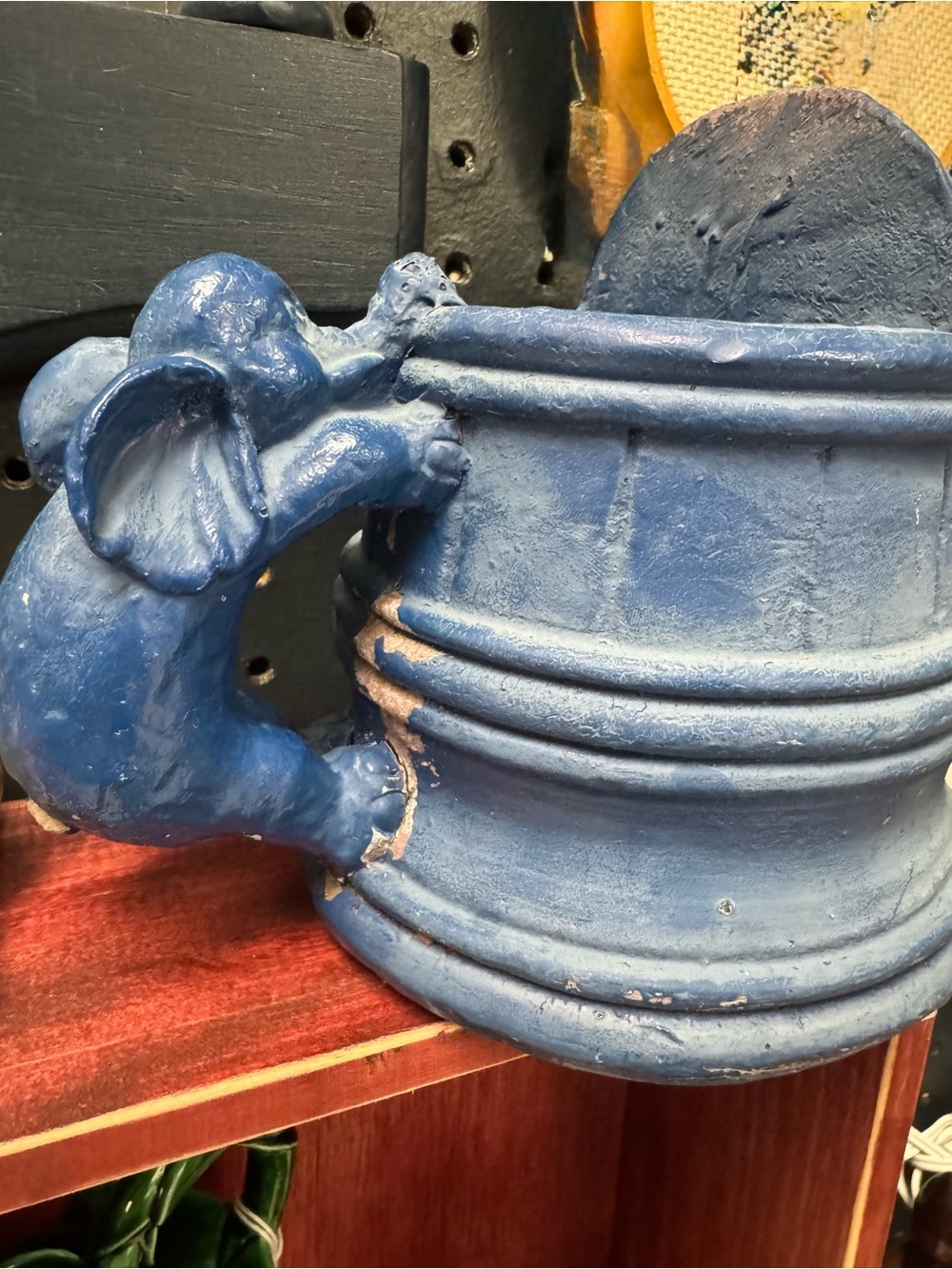 Vintage Blue Decorative Vessel Elephant Handle Distressed Unique One Of A Kind